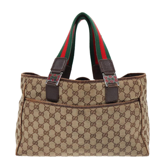 GUCCI GG Canvas Web Sherry Line Tote Bag Beige Green Red 145758 Auth 93992 - Picture 2 of 16